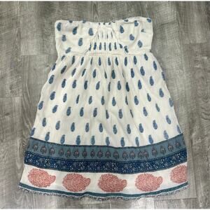 O’Neill Strapless Dress‎ Med White Blue Paisley Smocked 100% Cotton Summer Dress